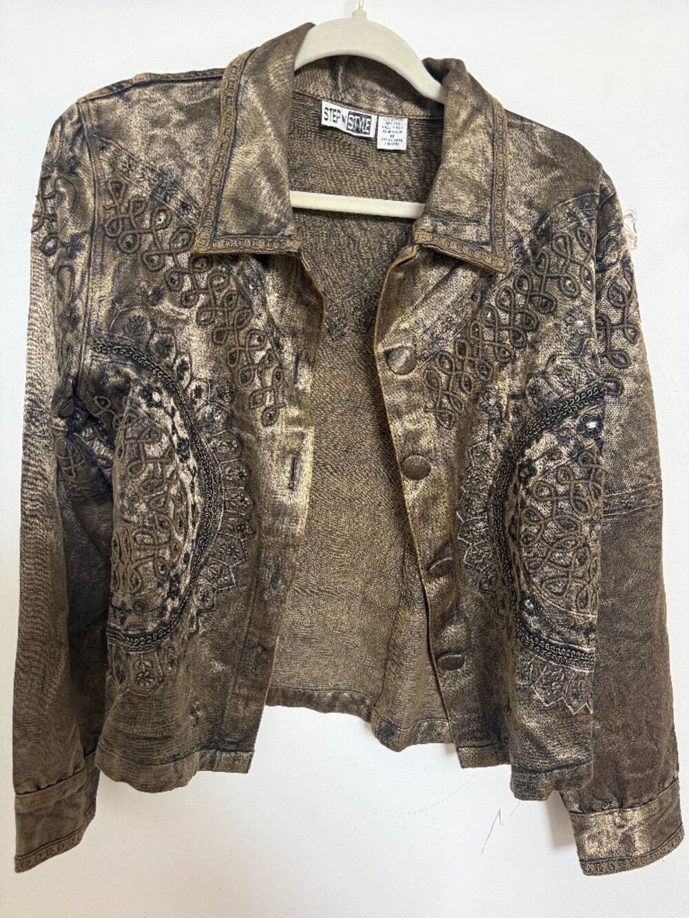 Step N Style Women M Metallic Gold Jacket Embroidered Sequin Y2K Art Wear USA